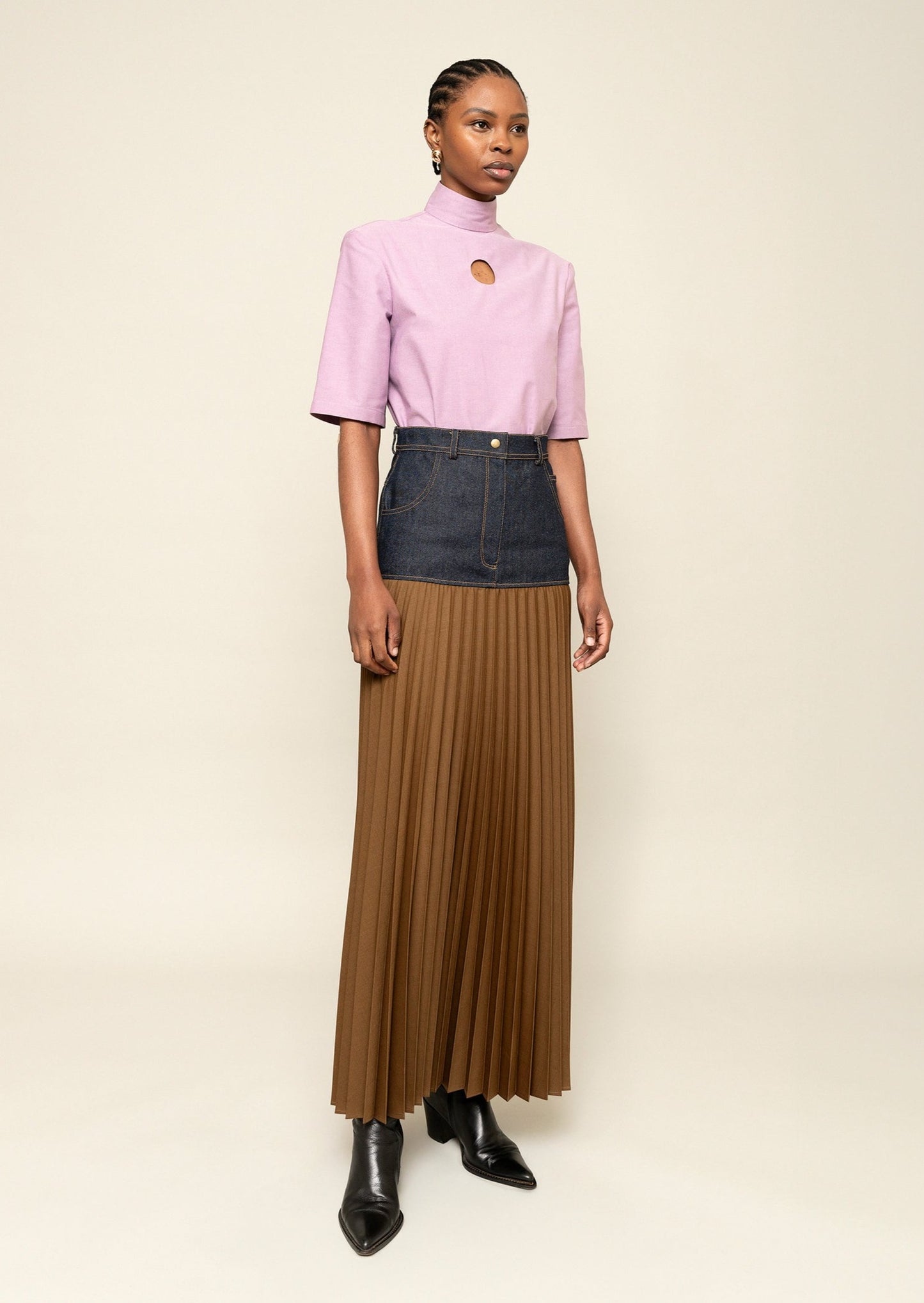 Wool Denim Pleated Skirt